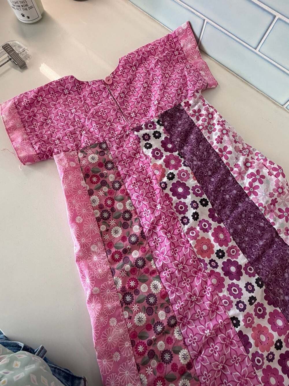 Handmade Pink Floral Patchwork Striped Girls A-Line Dress